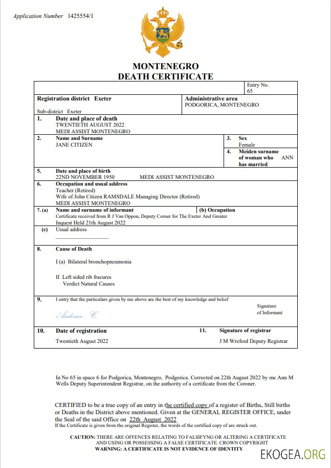 Modèle Word et PDF de certificat de décès du Monténégro